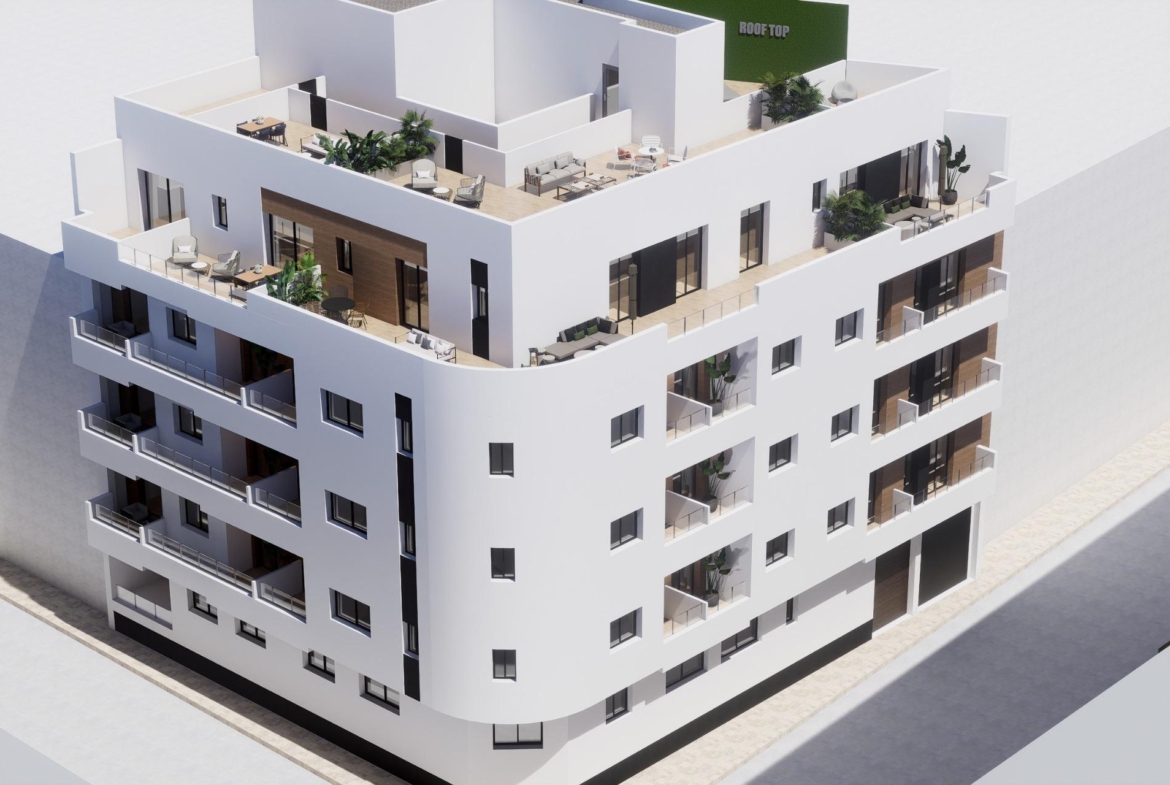 New-Build-Apartments-in-the-Centre-of-Torrevieja-Near-Playa-del-Cura-8 Aerial perspective of rooftop terraces with outdoor seating and planters on the new build block