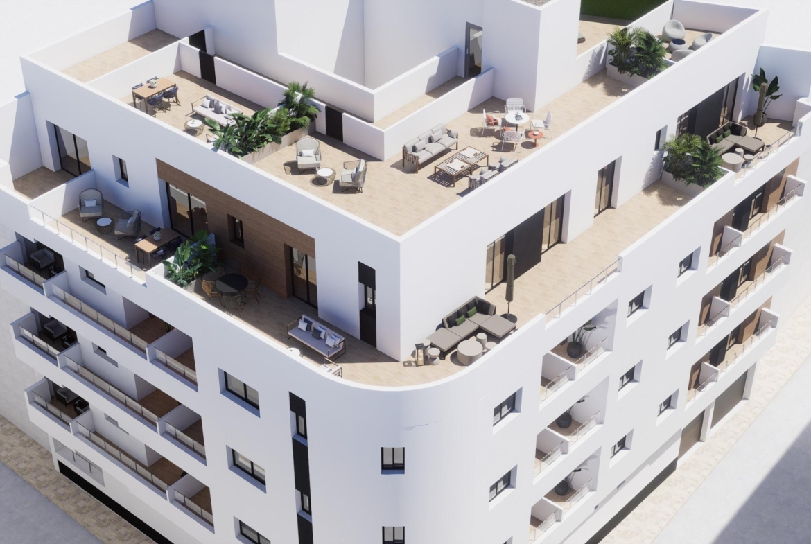 High-angle view of spacious penthouse terraces with outdoor furniture, Torrevieja new build