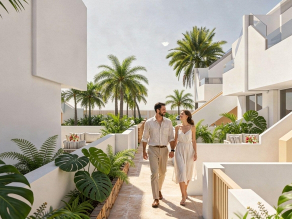 Couple strolling along a landscaped walkway between white modern apartments and palm trees