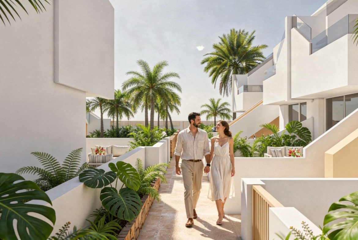Couple walking hand in hand along landscaped walkway between white apartment blocks and palm trees