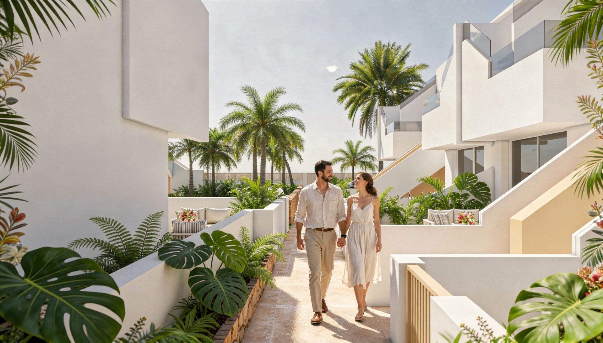 Couple walking hand in hand along landscaped walkway between white apartment blocks and palm trees