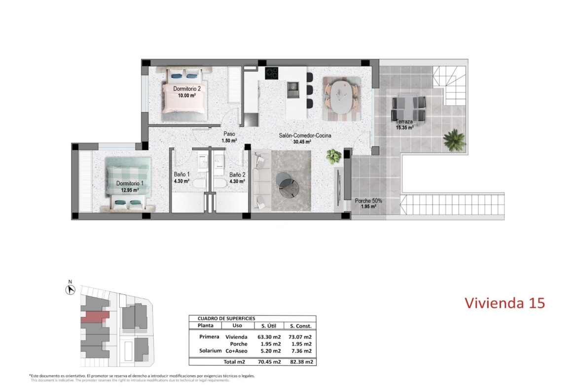 Technical floor plan of the first-floor apartment showing two bedrooms, two bathrooms and terrace