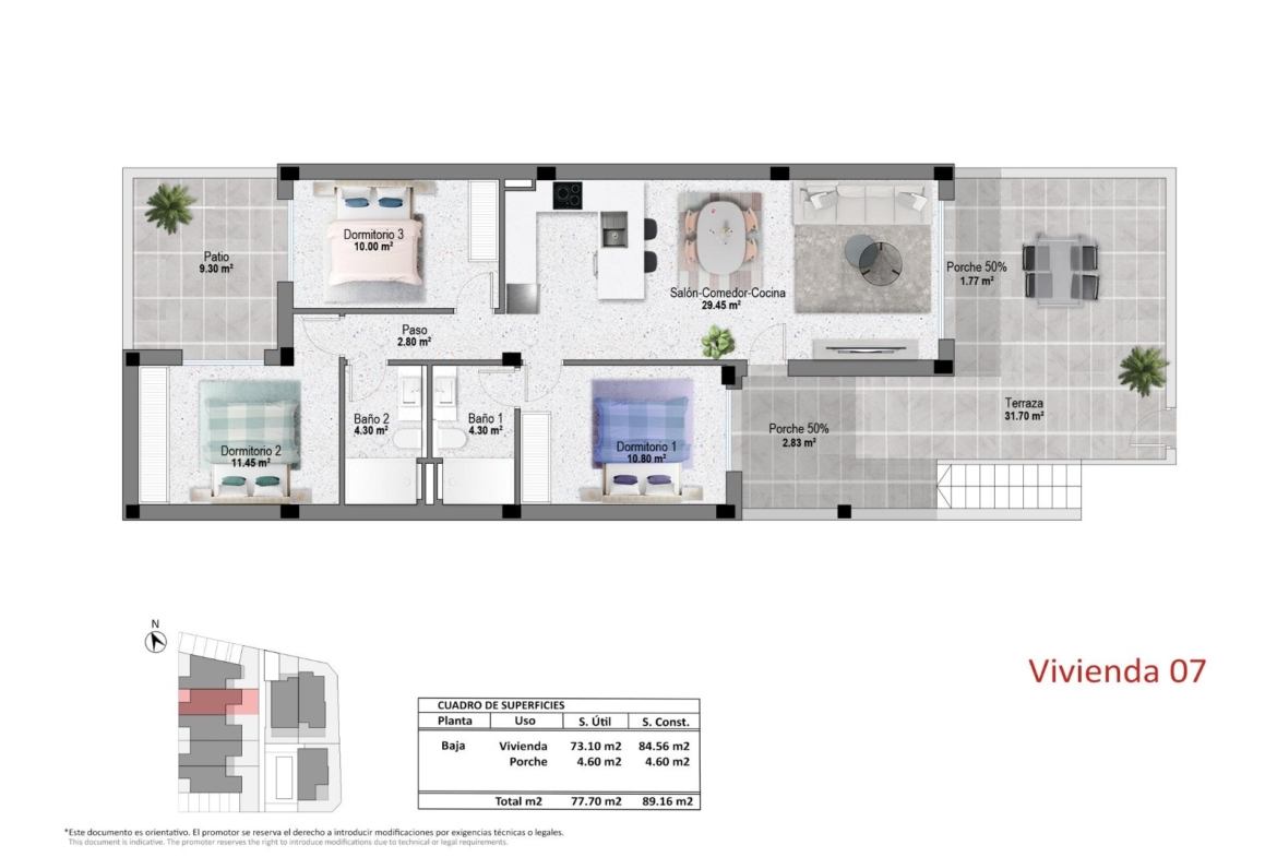 Ground floor architectural plan for Vivienda 07 showing 3 bedrooms, 2 bathrooms and a terrace