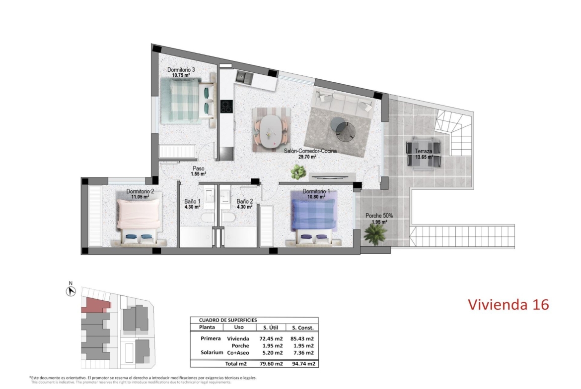 First floor architectural plan showing three bedrooms, two bathrooms and terrace layout.