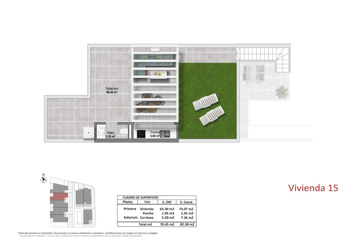 Solarium plan showing rooftop terrace area with kitchenette, shower/wc and pergola area