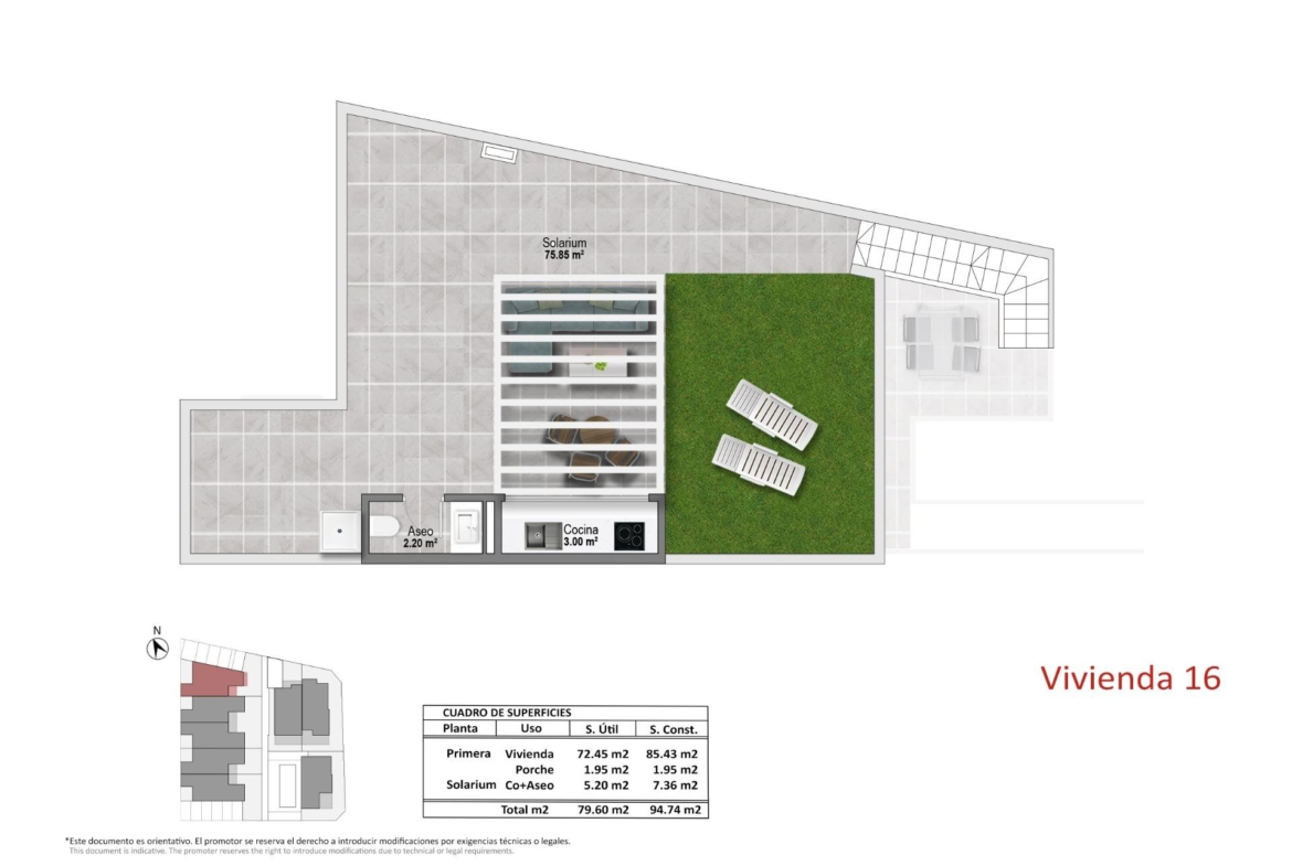 Solarium plan showing large rooftop terrace, small kitchenette, shower room and shaded pergola area.