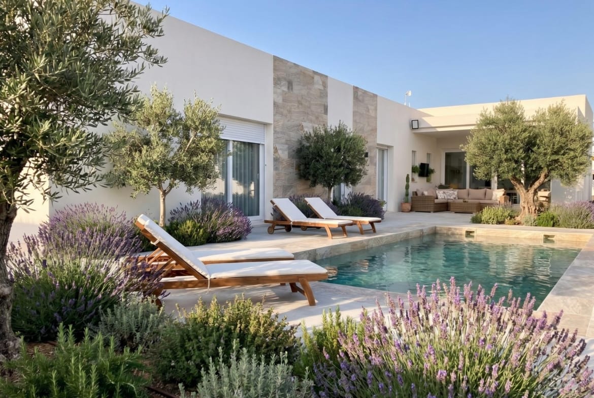 Private pool garden at a single-storey villa in Aspe, Alicante