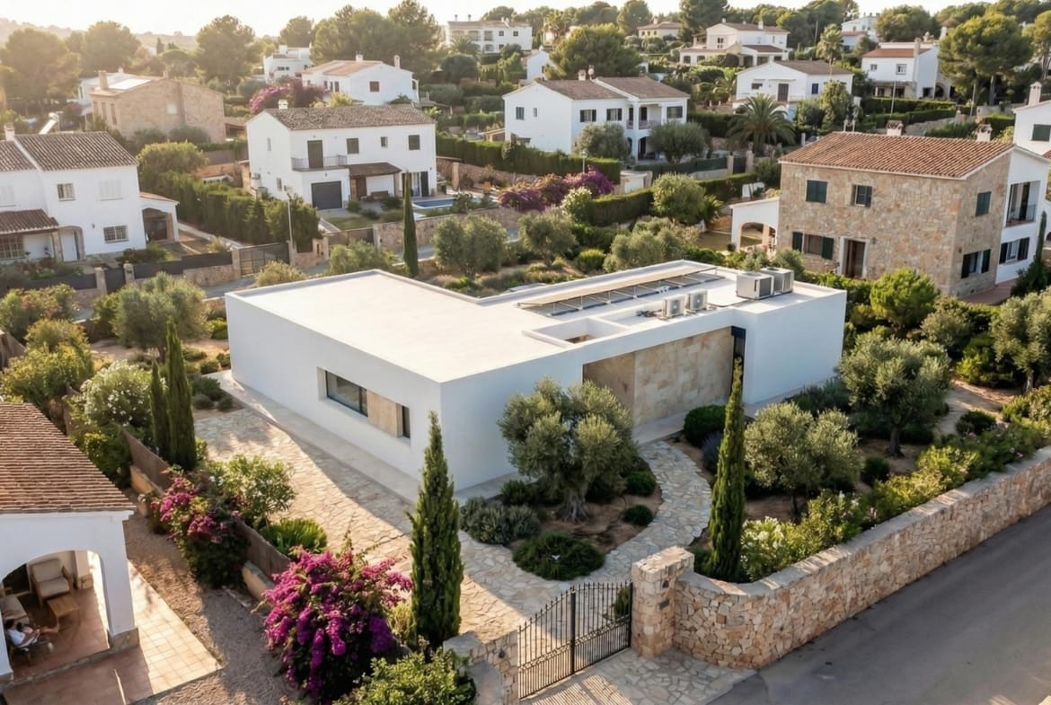 Aerial side view of the modern villa and surrounding countryside homes in Aspe, Alicante