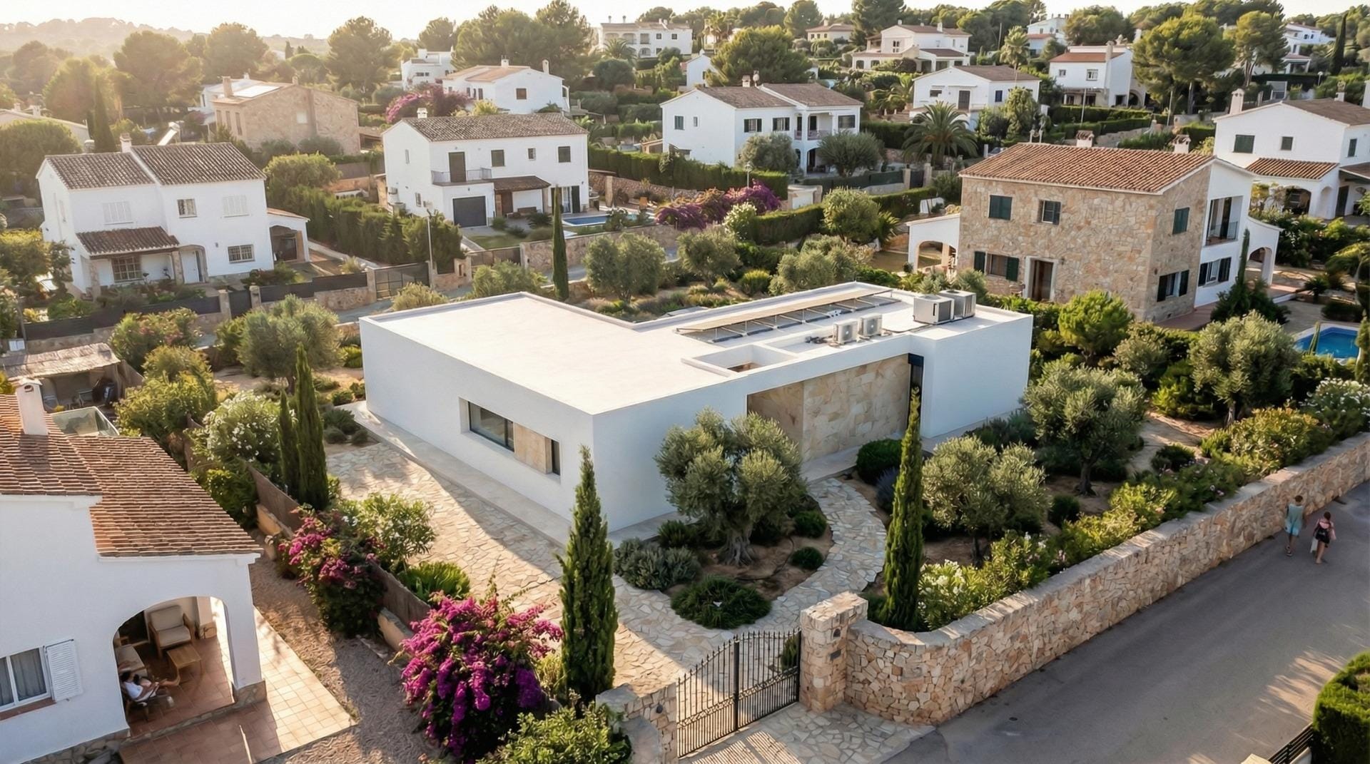 Alicante Aerial side view of the modern villa and surrounding countryside homes in Aspe, Alicante