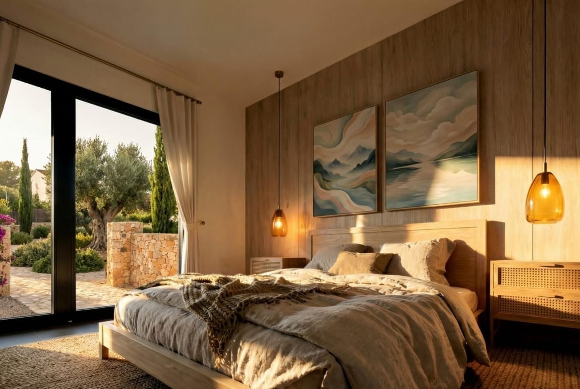 Double bedroom with warm wood finishes and garden views in Aspe, Alicante