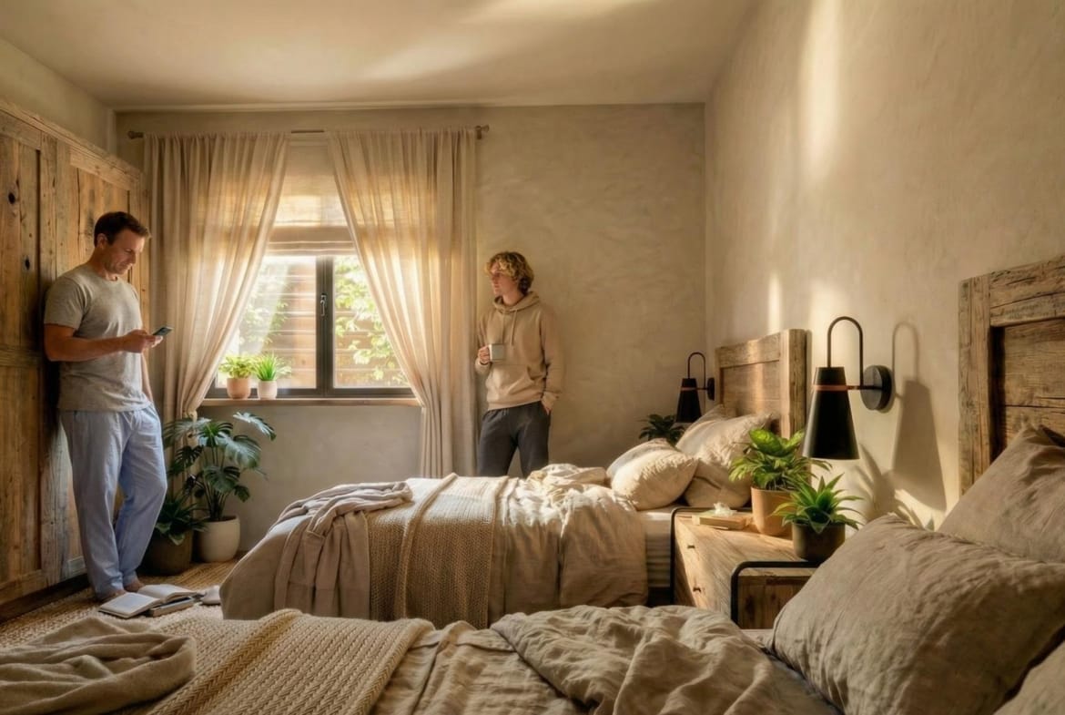 Double bedroom with window overlooking the Mediterranean garden in Aspe, Alicante