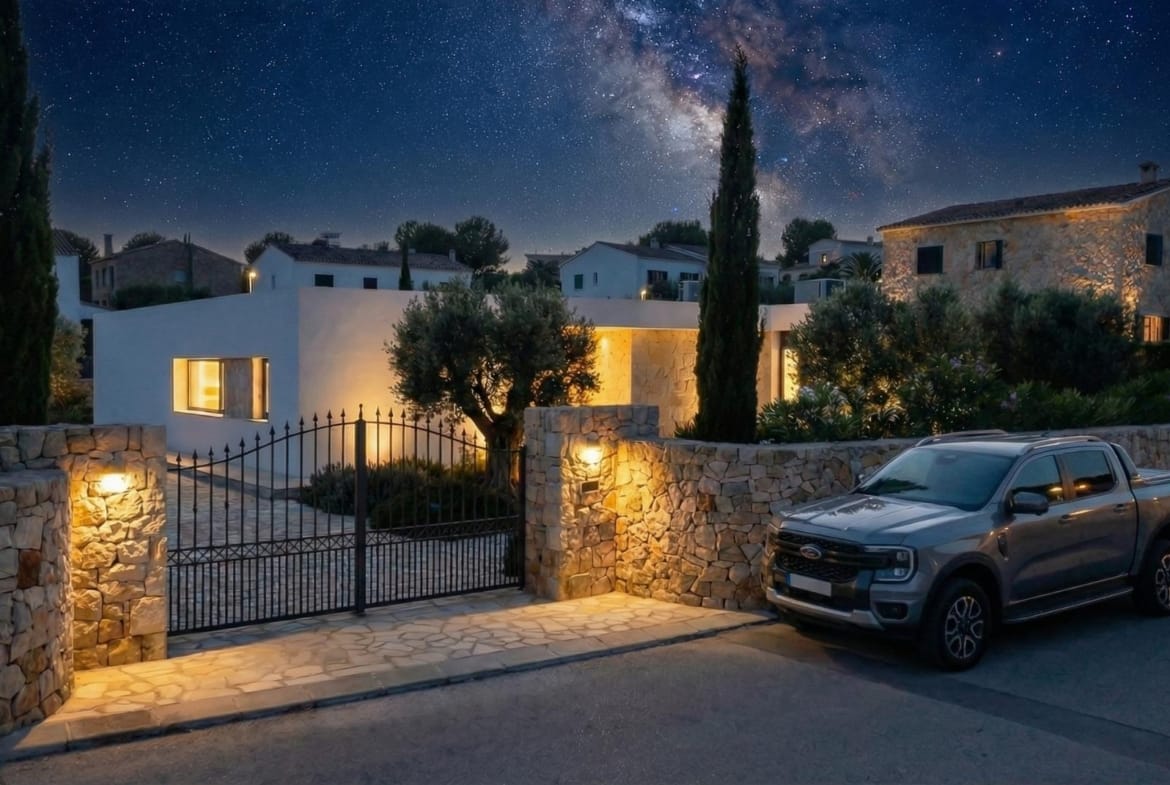 Illuminated gated entrance to the villa at night in Aspe, Alicante