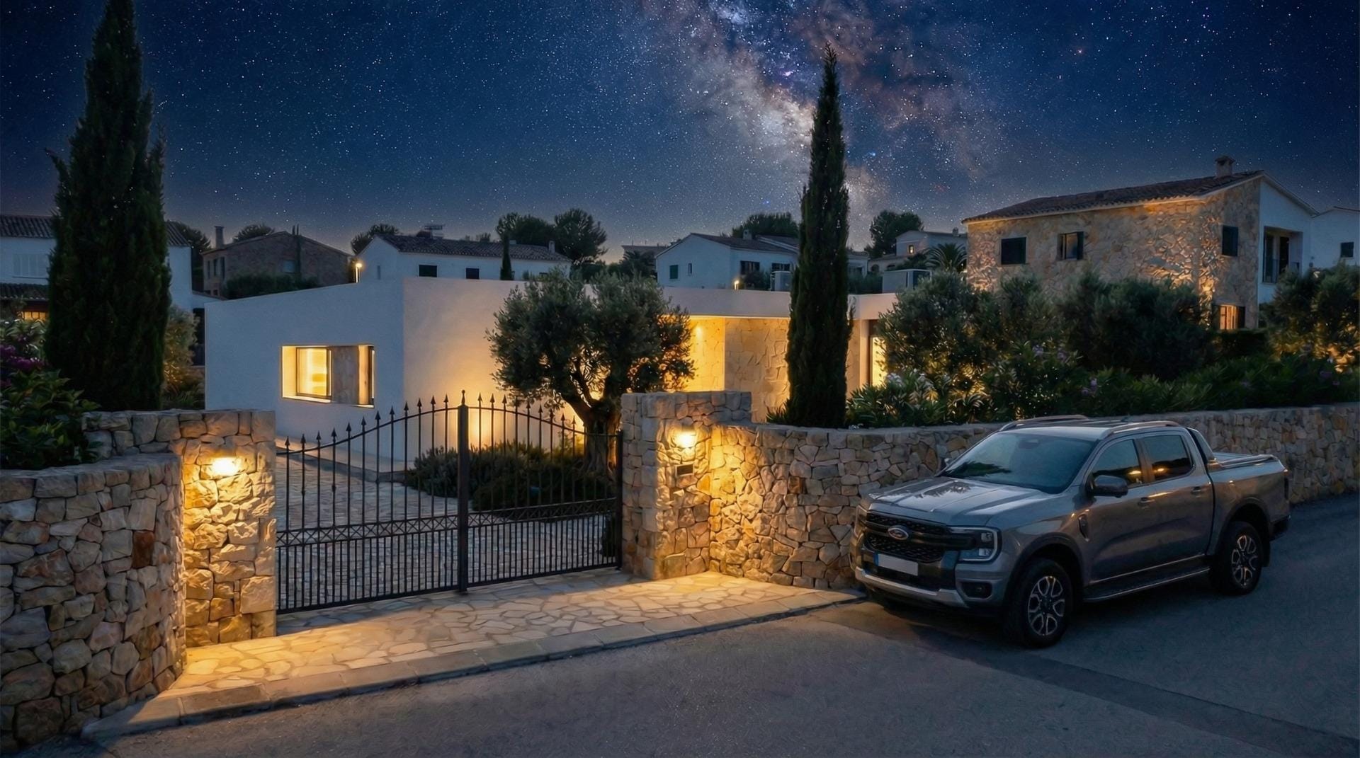 New-Build-Custom-Villas-in-Aspe-Alicante-17 Illuminated gated entrance to the villa at night in Aspe, Alicante