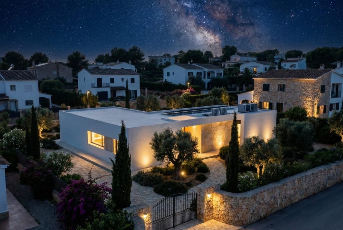 Night aerial view of the modern villa and landscaped plot in Aspe, Alicante