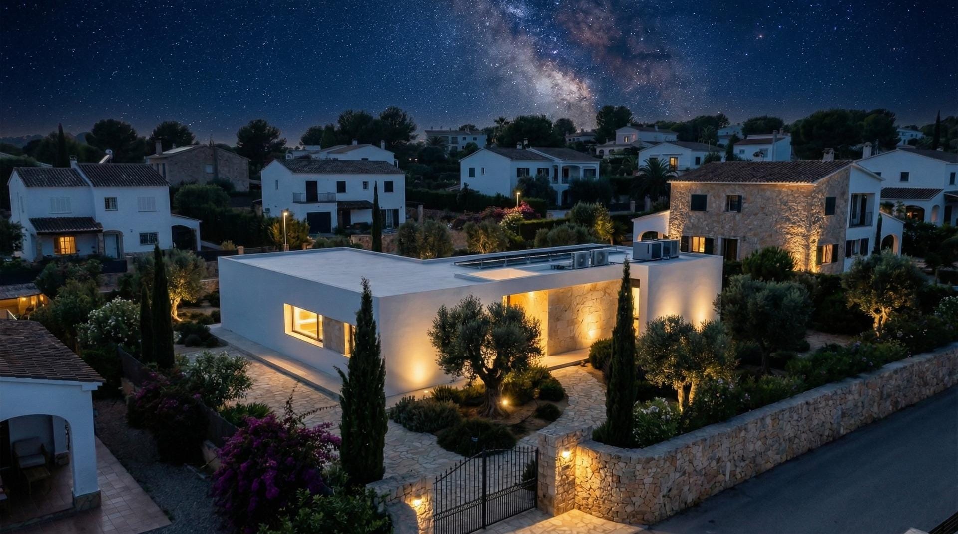 New-Build-Custom-Villas-in-Aspe-Alicante-18 Night aerial view of the modern villa and landscaped plot in Aspe, Alicante