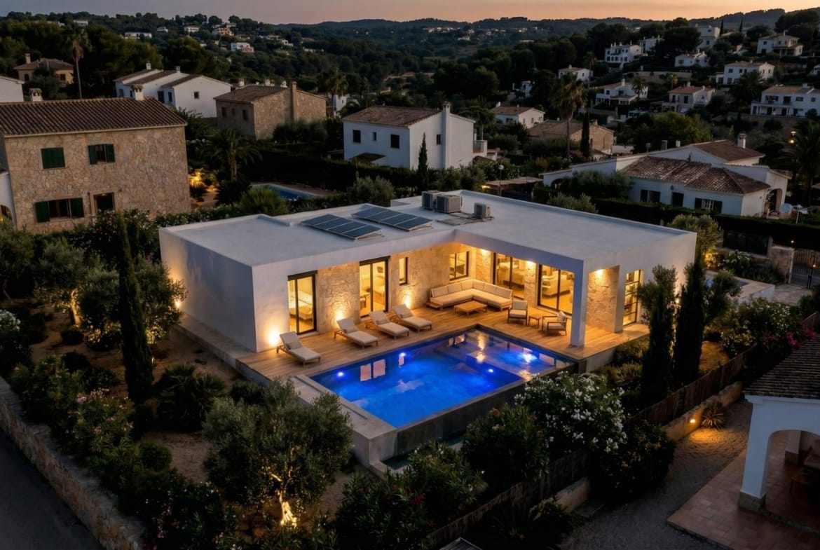 Aerial night view of the villa with illuminated private pool in Aspe, Alicante