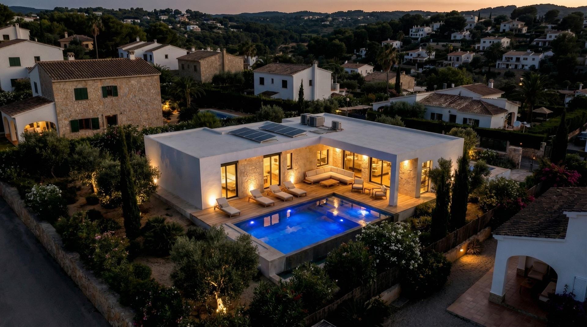 New-Build-Custom-Villas-in-Aspe-Alicante-19 Aerial night view of the villa with illuminated private pool in Aspe, Alicante