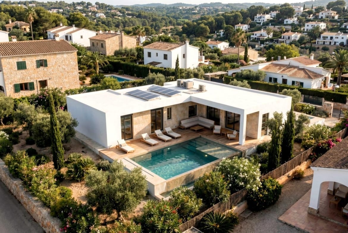 Aerial view of the villa, private swimming pool and outdoor terrace in Aspe, Alicante