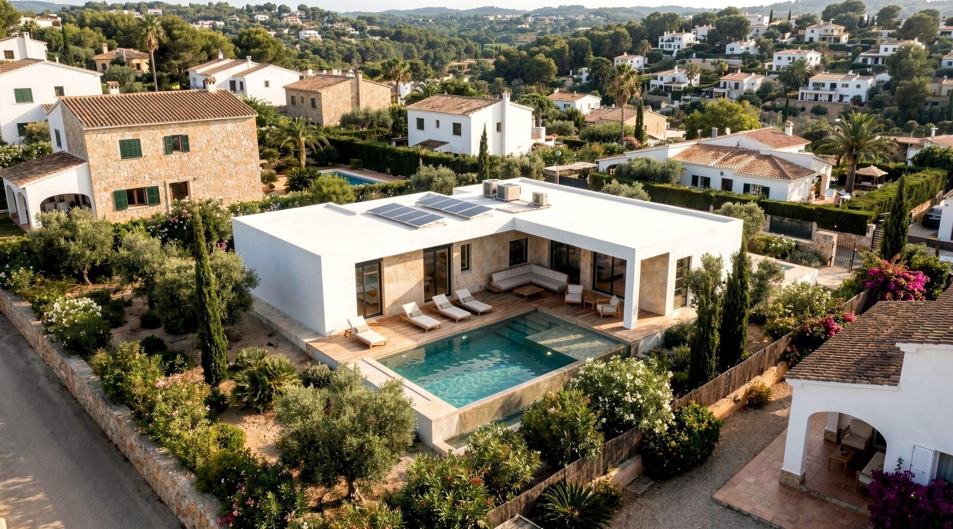 Aerial view of the villa, private swimming pool and outdoor terrace in Aspe, Alicante