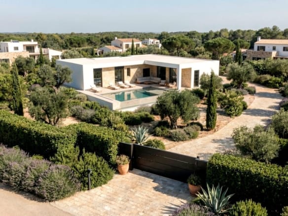 Aerial view of a single-storey villa with private pool and landscaped garden in Aspe, Alicante