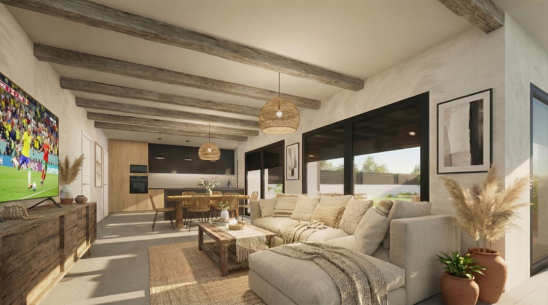 New-Build-Custom-Villas-in-Aspe-Alicante-6 Open-plan living room with large windows overlooking the garden in Aspe, Alicante