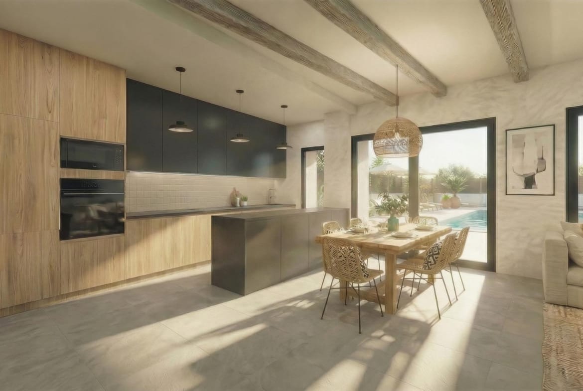 Modern open-plan kitchen and dining area with garden access in Aspe, Alicante