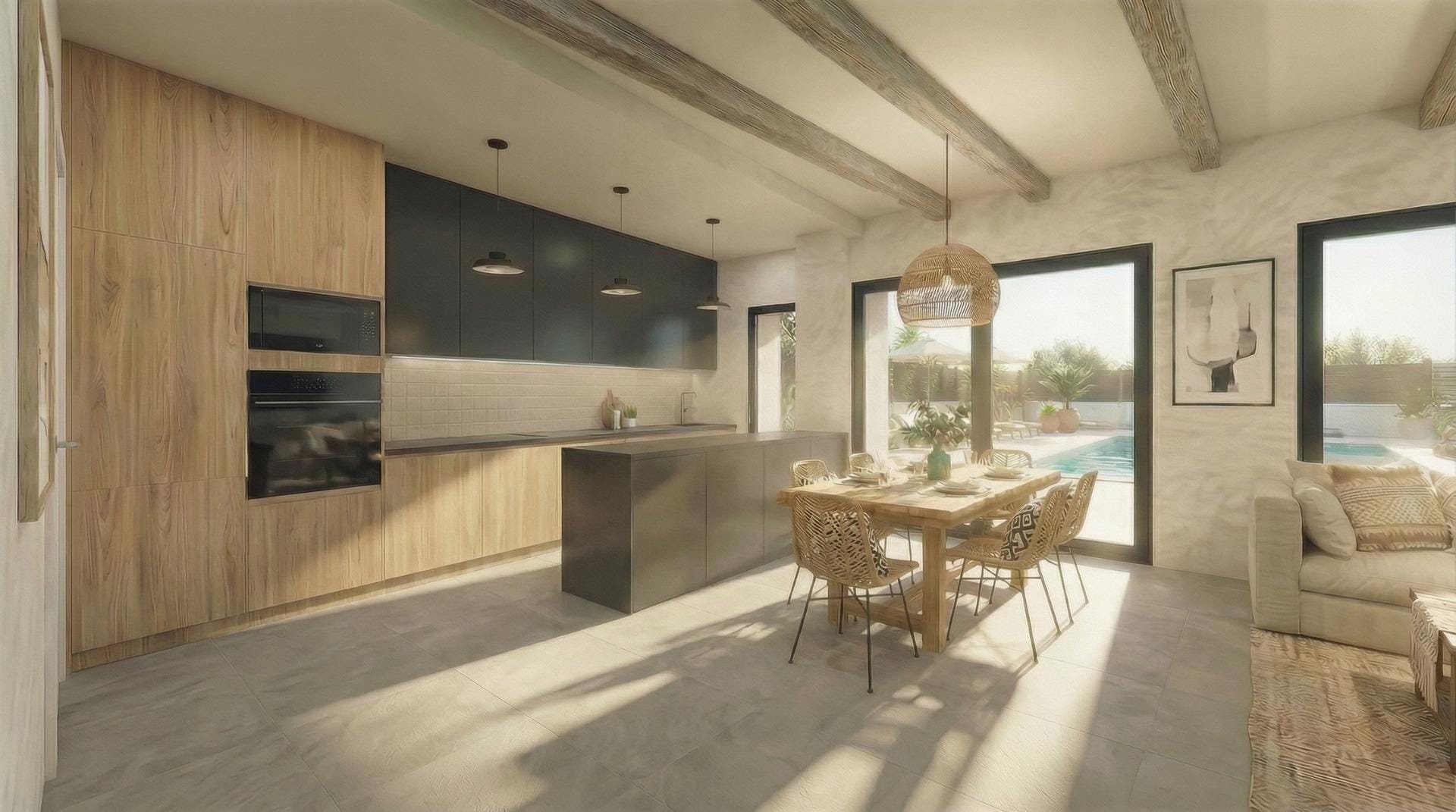 New-Build-Custom-Villas-in-Aspe-Alicante-7 Modern open-plan kitchen and dining area with garden access in Aspe, Alicante