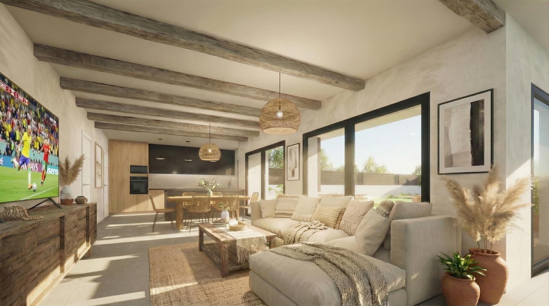 New-Build-Custom-Villas-in-Aspe-Alicante-8 Bright living area with exposed beams and floor-to-ceiling windows in Aspe, Alicante