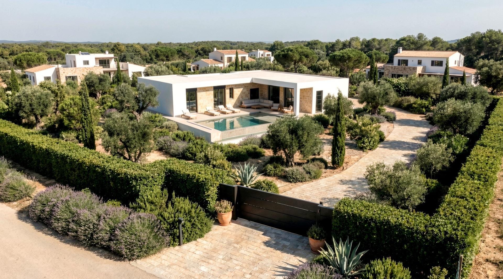 New Build Custom Villas in Aspe Aerial view of a single-storey villa with private pool and landscaped garden in Aspe, Alicante