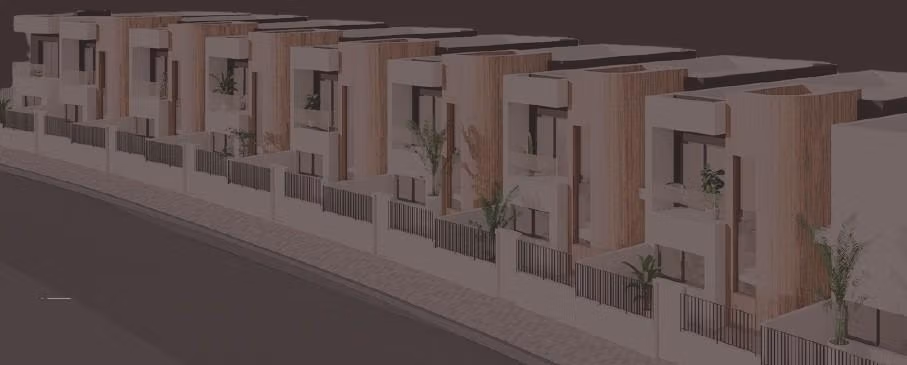Street-facing render of modern detached villas in Los Jardines, Águilas