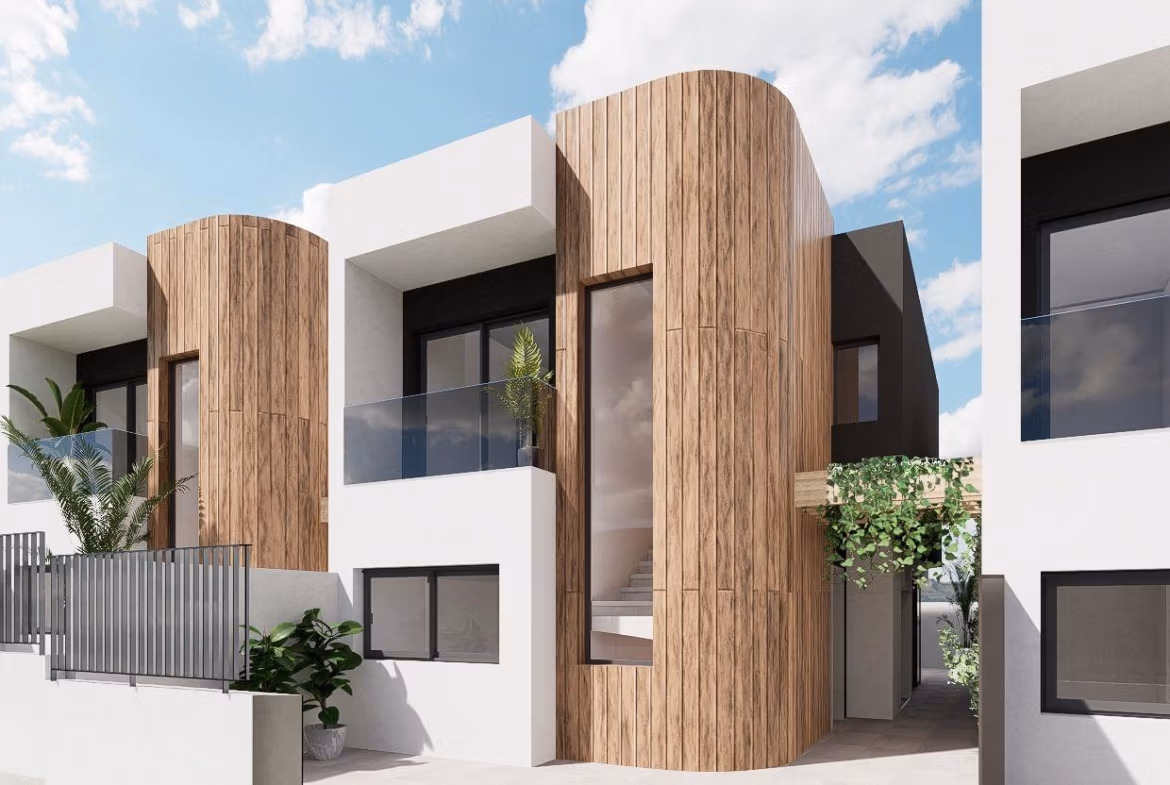 Front exterior render of a modern detached villa in Los Jardines, Águilas