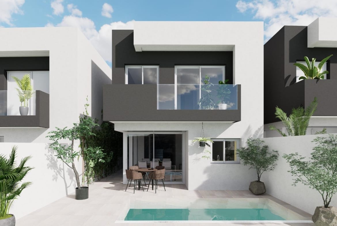 Rear exterior render of a detached villa with private pool in Águilas