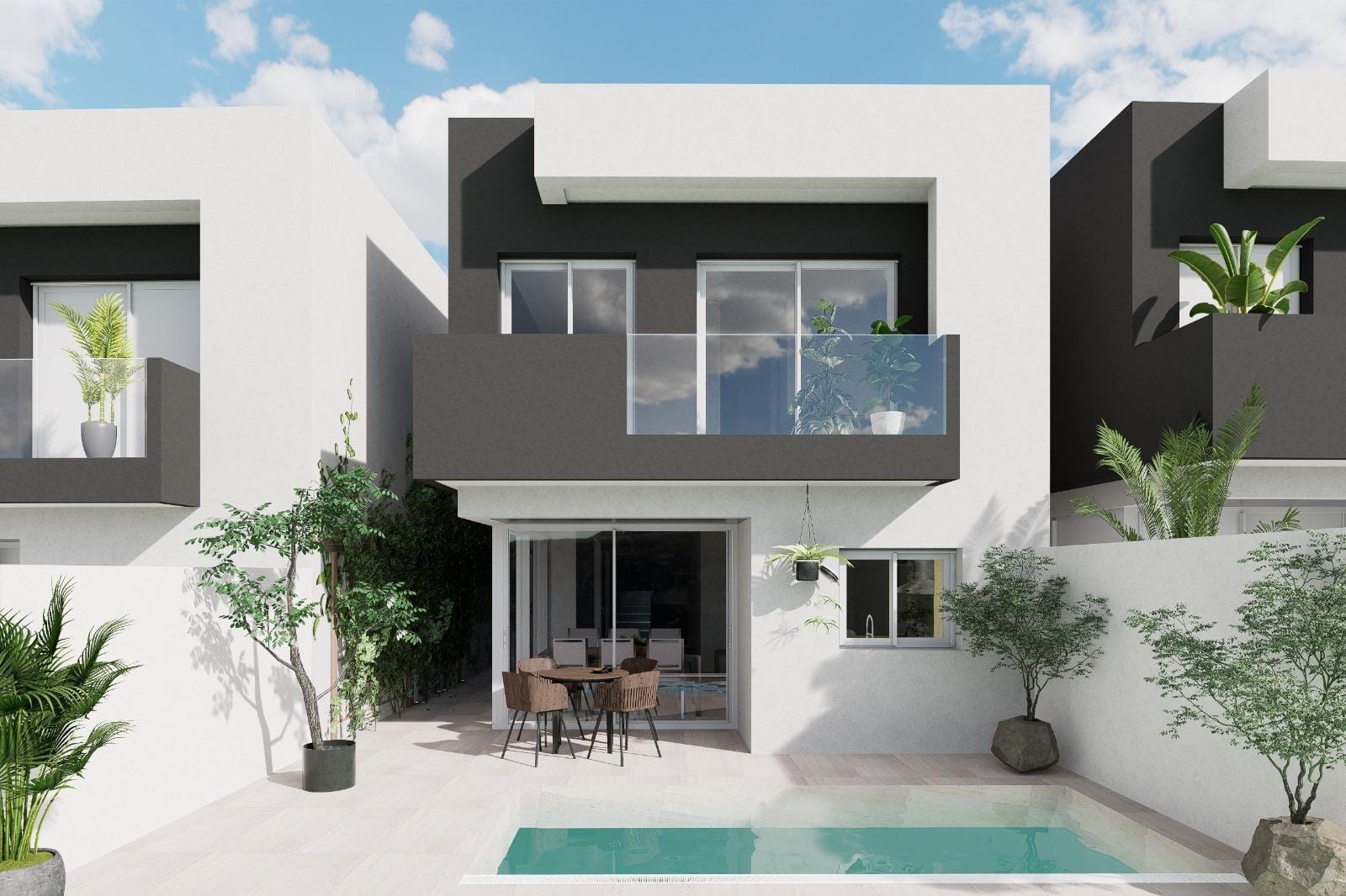 New-Build-Detached-Villas-for-Sale-in-Aguilas-Murcia-Just-500-m-from-the-Beach-2 Rear exterior render of a detached villa with private pool in Águilas