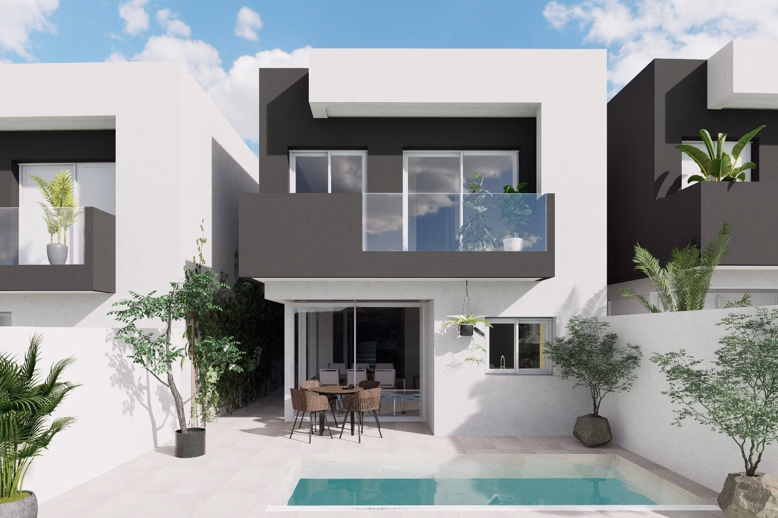 New-Build-Detached-Villas-for-Sale-in-Aguilas-Murcia-Just-500-m-from-the-Beach-2 Rear exterior render of a detached villa with private pool in Águilas