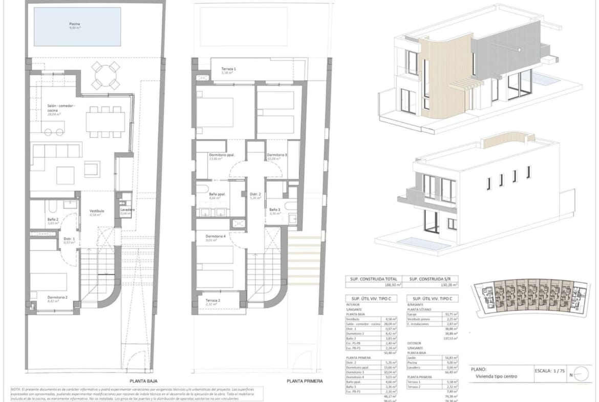 Floor plan of a three-level detached villa with pool and basement garage in Águilas