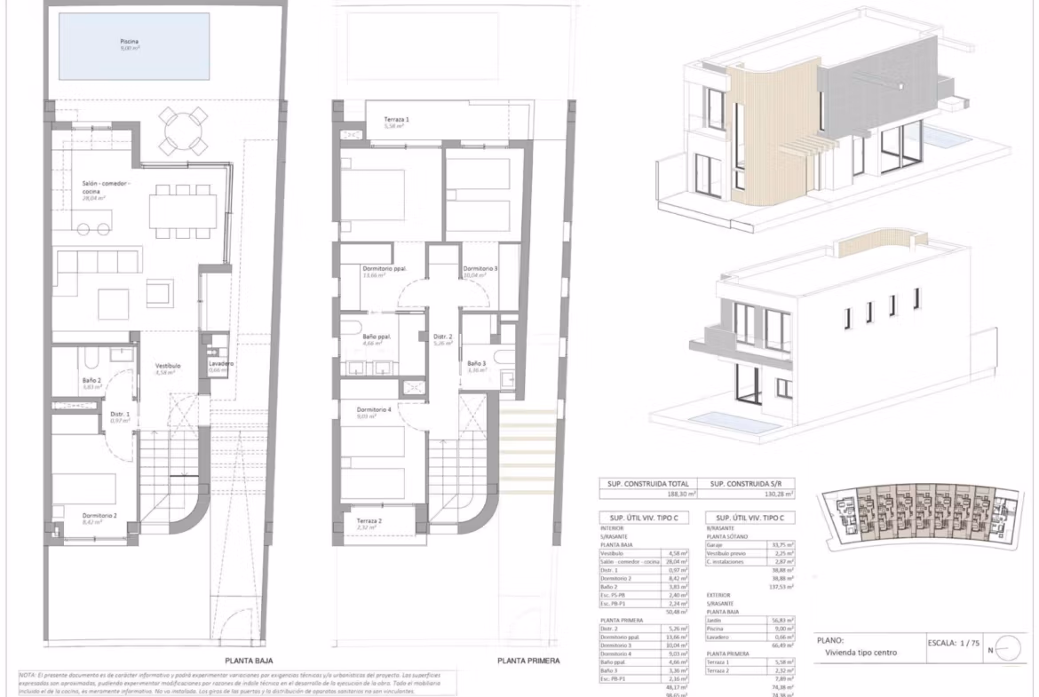 Floor plan of a three-level detached villa with pool and basement garage in Águilas