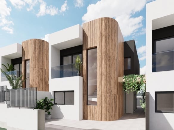 Front exterior render of a modern detached villa in Los Jardines, Águilas