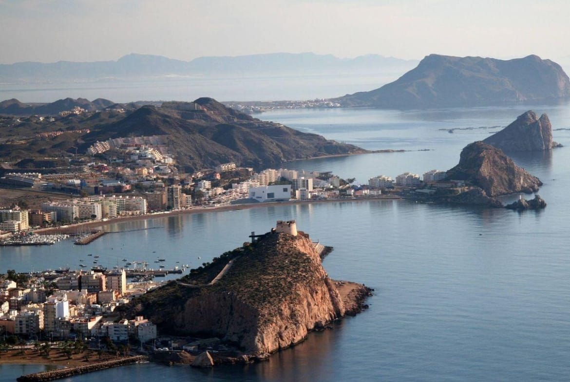 Aerial coastal view of Águilas bay, town and rocky headlands