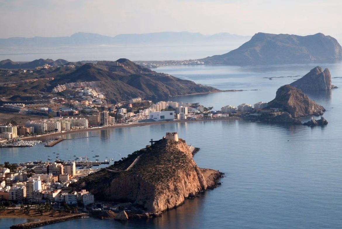 Aerial coastal view of Águilas bay, town and rocky headlands