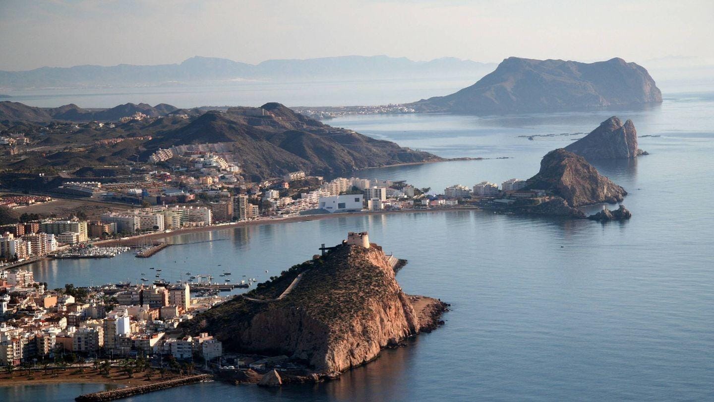 New-Build-Detached-Villas-for-Sale-in-Aguilas-Murcia-Just-500-m-from-the-Beach-7 Aerial coastal view of Águilas bay, town and rocky headlands