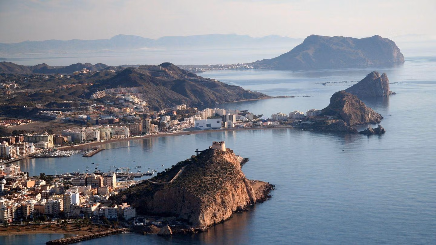 New-Build-Detached-Villas-for-Sale-in-Aguilas-Murcia-Just-500-m-from-the-Beach-7 Aerial coastal view of Águilas bay, town and rocky headlands