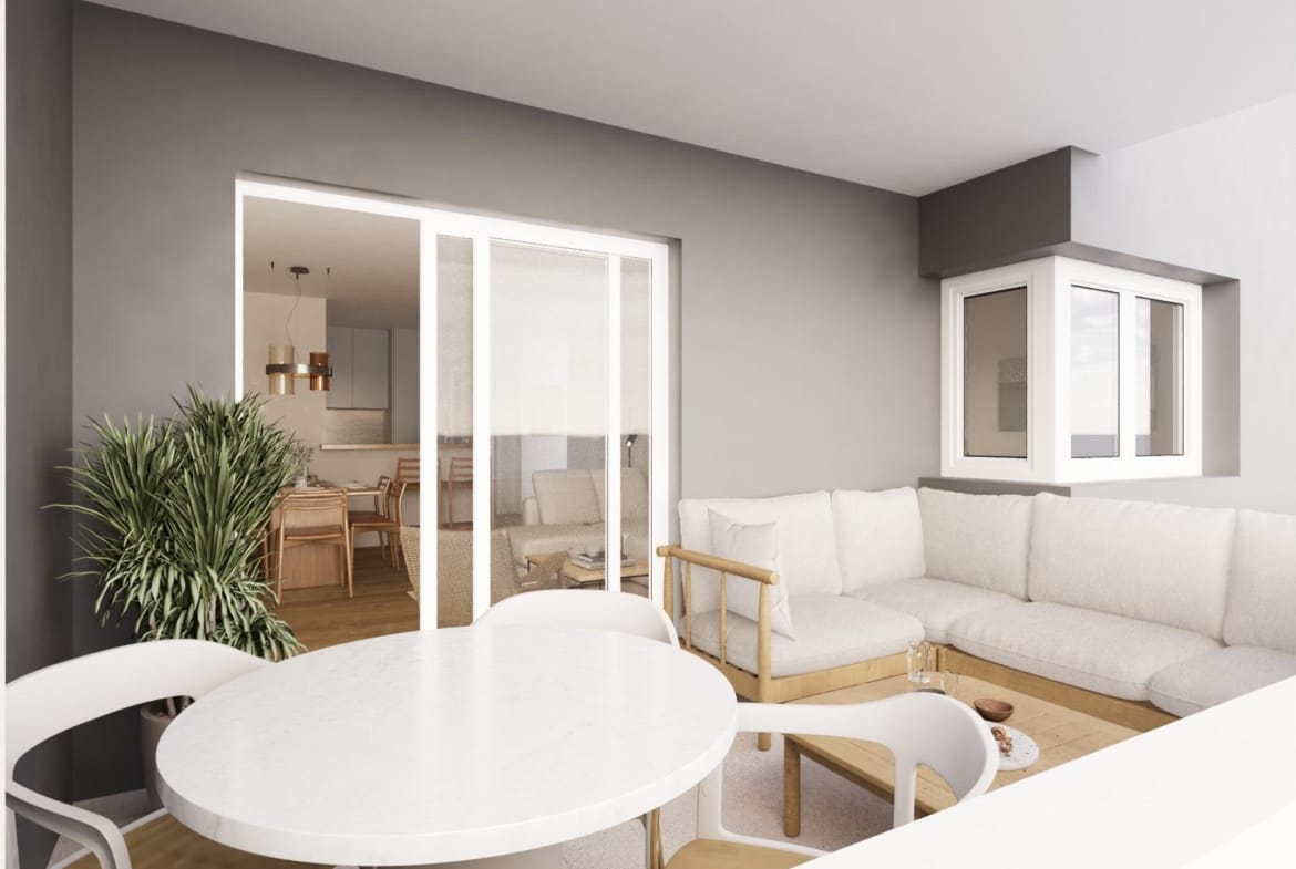 CGI of a covered terrace and outdoor dining area in Águilas, Murcia