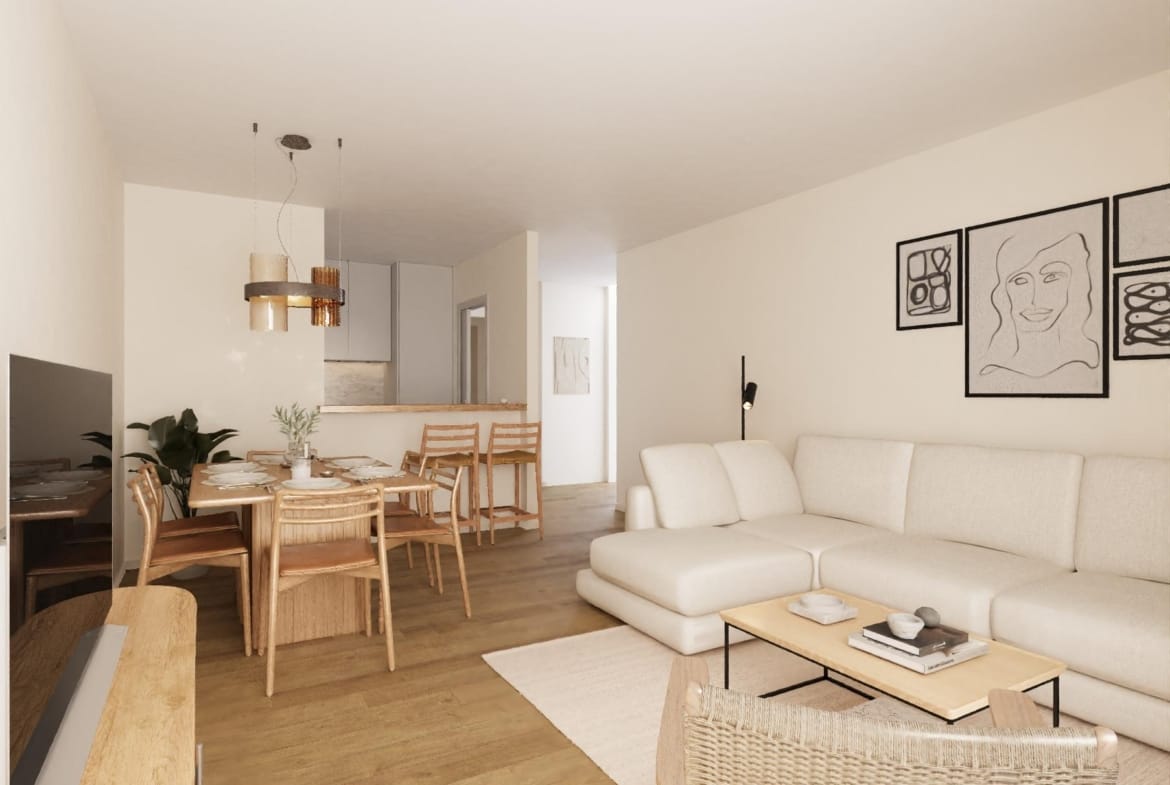 CGI of an open-plan living, dining and kitchen area in Águilas, Murcia