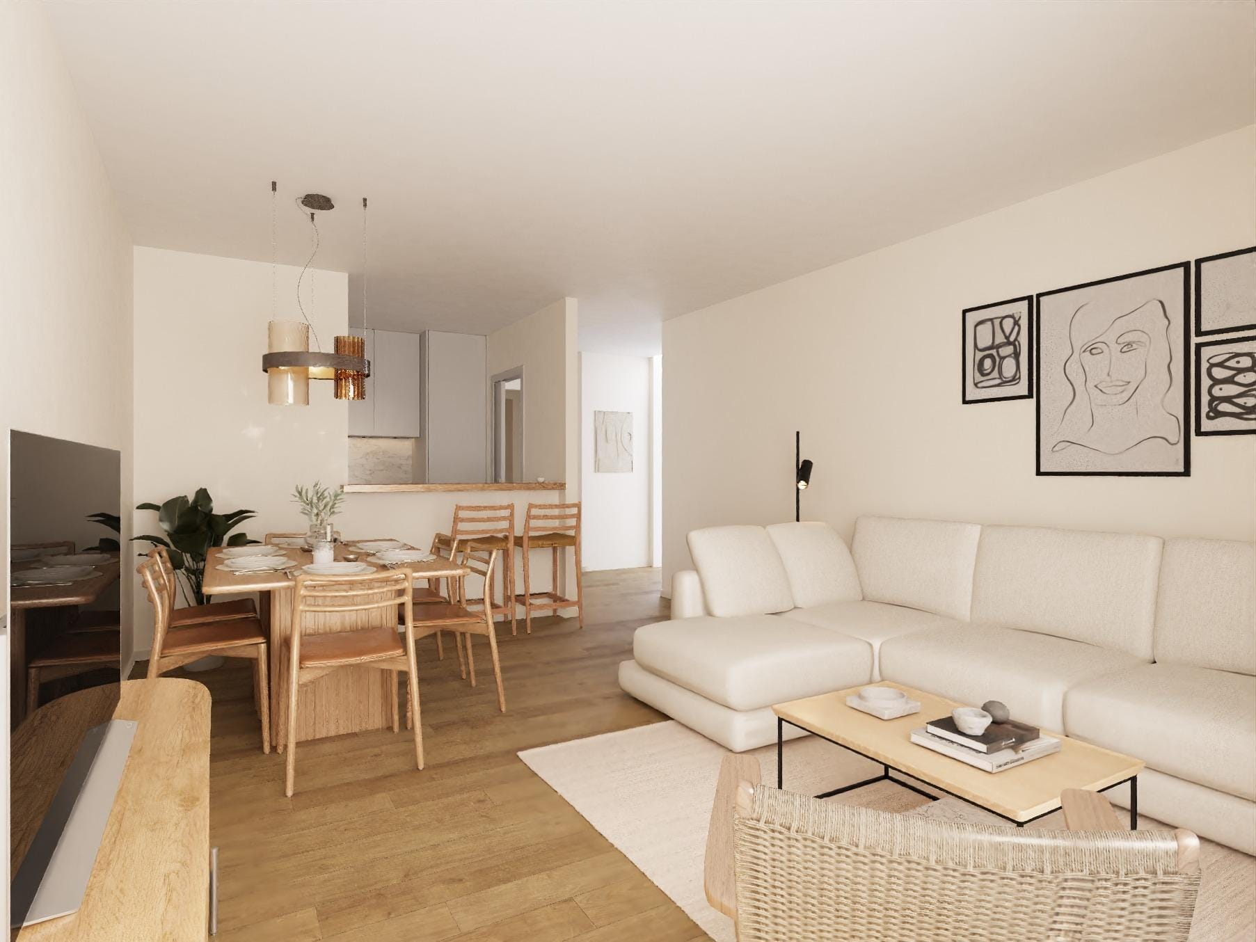 New-Build-Development-in-Aguilas-Murcia-Just-300-Meters-from-the-Beach-3 CGI of an open-plan living, dining and kitchen area in Águilas, Murcia