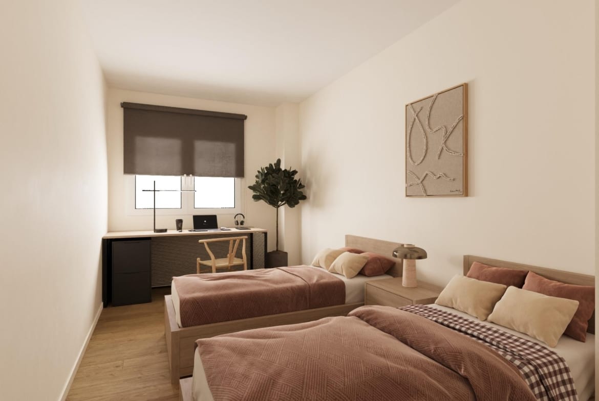 CGI of a twin bedroom and study area in a new build apartment in Águilas, Murcia