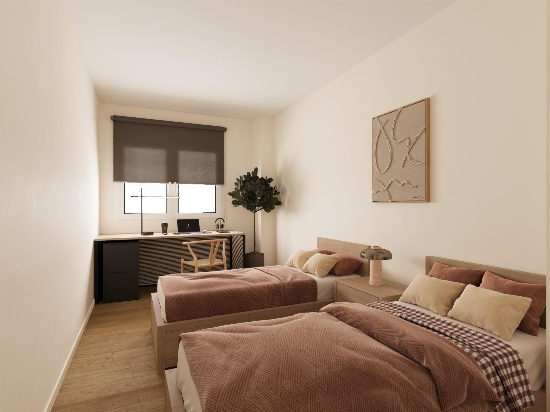 New-Build-Development-in-Aguilas-Murcia-Just-300-Meters-from-the-Beach-5 CGI of a twin bedroom and study area in a new build apartment in Águilas, Murcia