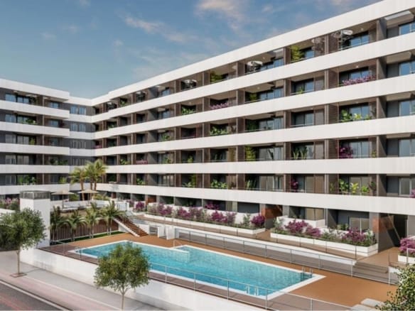 CGI of a new build apartment residence with communal pool in Águilas, Murcia
