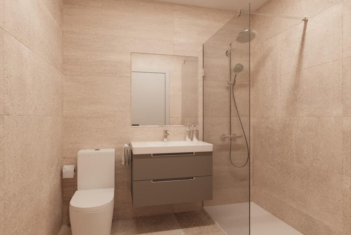 CGI of a modern walk-in shower bathroom in Águilas, Murcia