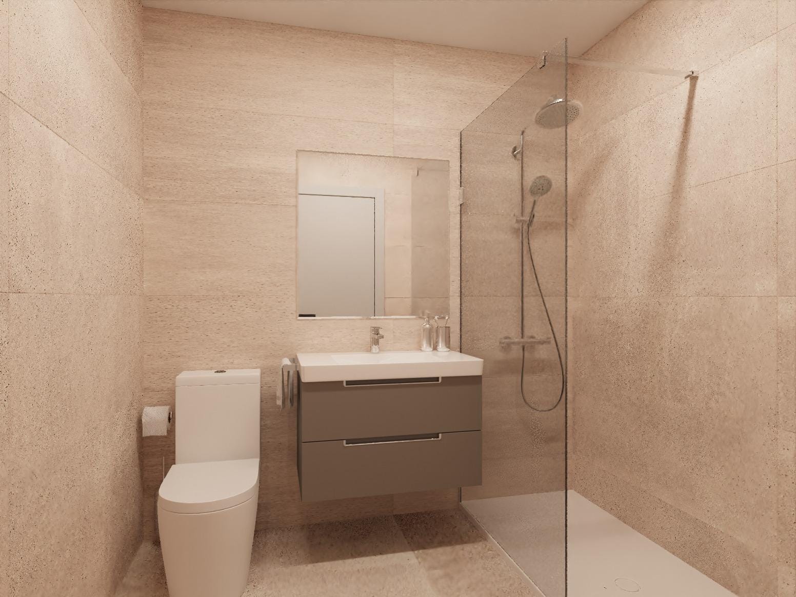 New-Build-Development-in-Aguilas-Murcia-Just-300-Meters-from-the-Beach-6 CGI of a modern walk-in shower bathroom in Águilas, Murcia