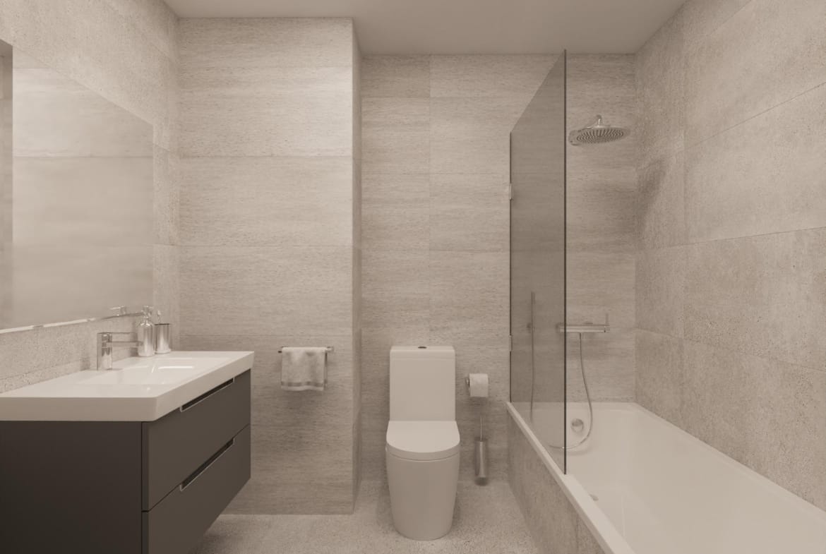 CGI of a modern bathroom with bathtub in Águilas, Murcia
